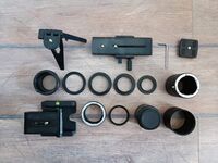 комплект макро екстендери, преходници за Sony и Canon, обектив Zenit, статив и релса